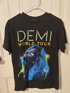 Alstyle Black T-Shirt with Neon Green, Yellow & Blue Graphic - Demi World Tour